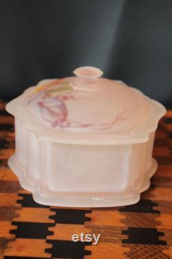 Vintage Pink Frosted Glass Powder Box With Lid And Original Puff For Delicate Vanity Decor. Pink With Red Yellow Green Leaves Hand Painted.