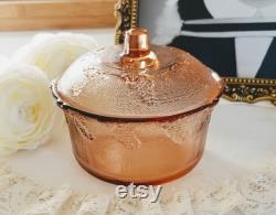 Vintage Pink Glass Candy Dish Powder box Trinket Dish, Pink Glass Lidded bowl, lided bowl, vintage vanity decor, vintage home decor