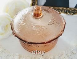Vintage Pink Glass Candy Dish Powder box Trinket Dish, Pink Glass Lidded bowl, lided bowl, vintage vanity decor, vintage home decor