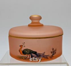 Vintage Pink Satin Glass Powder Jar Trinket Dish Peacock Decoration Gold Trim Depression Glass