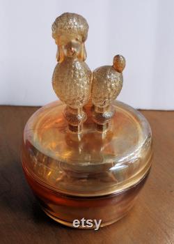 Vintage Poodle Powder Jar Jeanette Marigold Carnival Glass Powder Dish with Poodle Top