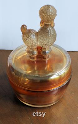 Vintage Poodle Powder Jar Jeanette Marigold Carnival Glass Powder Dish with Poodle Top