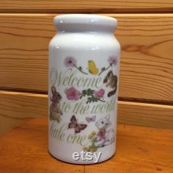 Vintage Porcelain Baby Powder Shaker Welcome to the World Little One