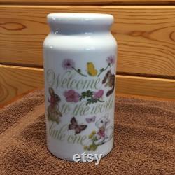 Vintage Porcelain Baby Powder Shaker Welcome to the World Little One