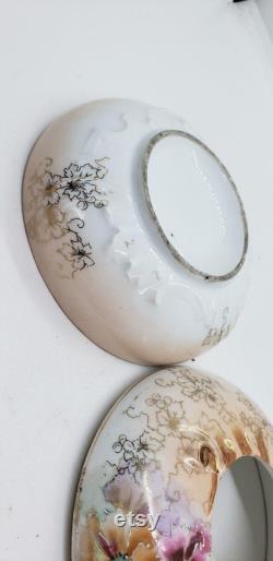 Vintage Porcelain Hair Receiver Hand painted Vanity Trinket Jewelry Box Ornate