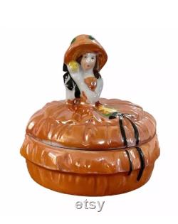 Vintage Porcelain Half Doll Covered Powder Jar Box Gold Castle Japan