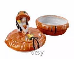 Vintage Porcelain Half Doll Covered Powder Jar Box Gold Castle Japan