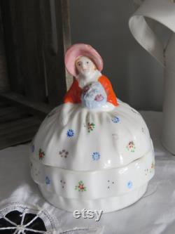 Vintage Porcelain Half Doll Powder Jar, 1950s Trinket Box Made in Japan, Granny Chic Decor