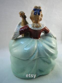 Vintage, Porcelain, Half Doll Trinket Box. Powder Safe, Boudoir Table Accessory, Colonial Woman with Violin, Openwork Arms, Hand Painted