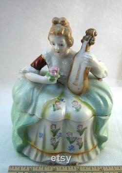 Vintage, Porcelain, Half Doll Trinket Box. Powder Safe, Boudoir Table Accessory, Colonial Woman with Violin, Openwork Arms, Hand Painted