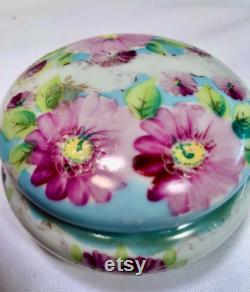 Vintage Porcelain Hand Painted Pink Daisy Powder Box Jewelry Dish