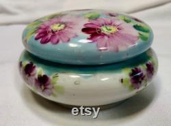 Vintage Porcelain Hand Painted Pink Daisy Powder Box Jewelry Dish