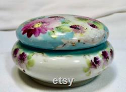 Vintage Porcelain Hand Painted Pink Daisy Powder Box Jewelry Dish