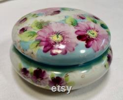 Vintage Porcelain Hand Painted Pink Daisy Powder Box Jewelry Dish