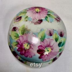 Vintage Porcelain Hand Painted Pink Daisy Powder Box Jewelry Dish