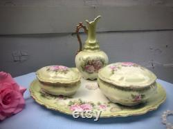 Vintage Porcelain Pink and Green Floral Dusting Powder Jar and Vanity Set