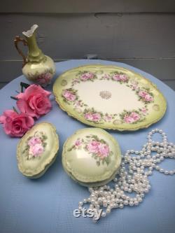 Vintage Porcelain Pink and Green Floral Dusting Powder Jar and Vanity Set