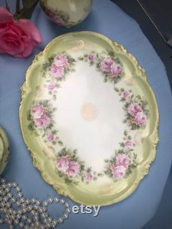 Vintage Porcelain Pink and Green Floral Dusting Powder Jar and Vanity Set