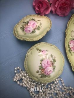 Vintage Porcelain Pink and Green Floral Dusting Powder Jar and Vanity Set