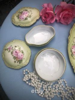 Vintage Porcelain Pink and Green Floral Dusting Powder Jar and Vanity Set