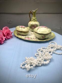 Vintage Porcelain Pink and Green Floral Dusting Powder Jar and Vanity Set