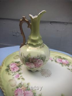 Vintage Porcelain Pink and Green Floral Dusting Powder Jar and Vanity Set