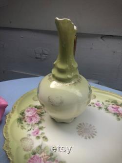 Vintage Porcelain Pink and Green Floral Dusting Powder Jar and Vanity Set