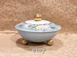 Vintage Porcelain Powder Bowl 1920s Germany Handpainted Shabby Yellow Pink Roses Cottage Chic