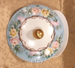 Vintage Porcelain Powder Bowl 1920s Germany Handpainted Shabby Yellow Pink Roses Cottage Chic