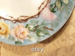 Vintage Porcelain Powder Bowl 1920s Germany Handpainted Shabby Yellow Pink Roses Cottage Chic