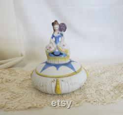 Vintage Porcelain Powder Box Hand Painted Colonial Lady Finial Arms Away