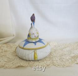 Vintage Porcelain Powder Box Hand Painted Colonial Lady Finial Arms Away