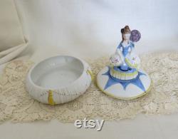 Vintage Porcelain Powder Box Hand Painted Colonial Lady Finial Arms Away