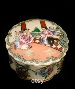 Vintage Porcelain Trinket Box Hand Painted in Macau with Asian Figures on Lid and Multi Colored, Raised, Floral Base.