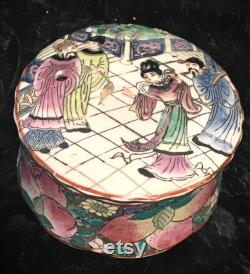 Vintage Porcelain Trinket Box Hand Painted in Macau with Asian Figures on Lid and Multi Colored, Raised, Floral Base.