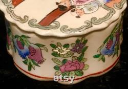 Vintage Porcelain Trinket Box Hand Painted in Macau with Asian Figures on Lid and Multi Colored, Raised, Floral Base.