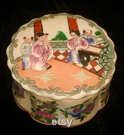 Vintage Porcelain Trinket Box Hand Painted in Macau with Asian Figures on Lid and Multi Colored, Raised, Floral Base.