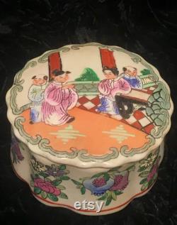 Vintage Porcelain Trinket Box Hand Painted in Macau with Asian Figures on Lid and Multi Colored, Raised, Floral Base.