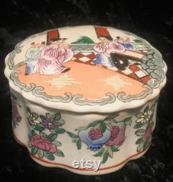 Vintage Porcelain Trinket Box Hand Painted in Macau with Asian Figures on Lid and Multi Colored, Raised, Floral Base.