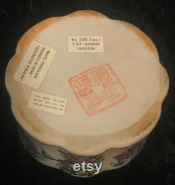 Vintage Porcelain Trinket Box Hand Painted in Macau with Asian Figures on Lid and Multi Colored, Raised, Floral Base.