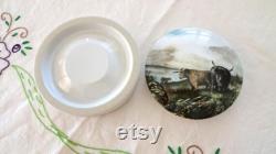 Vintage Pottery Jar with Lid Oxen Pattern Cream Jar