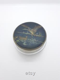 Vintage Powder Blusher Glass Jar Pot Lid Ducks Powderpuff