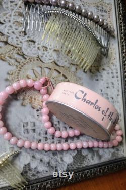 Vintage Powder Box, Charles of the Ritz Round Container, Two Pink Powder Puffs included