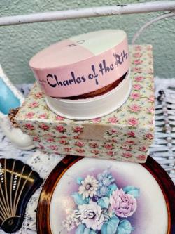 Vintage Powder Box, Charles of the Ritz Round Container, Two Pink Powder Puffs included
