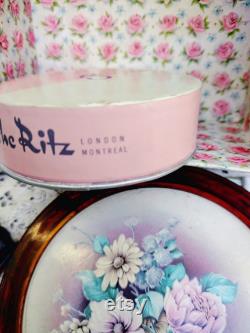 Vintage Powder Box, Charles of the Ritz Round Container, Two Pink Powder Puffs included