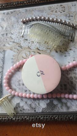 Vintage Powder Box, Charles of the Ritz Round Container, Two Pink Powder Puffs included
