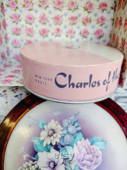 Vintage Powder Box, Charles of the Ritz Round Container, Two Pink Powder Puffs included