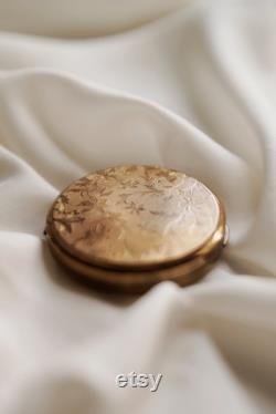 Vintage Powder Box, French antique Gold Mirror Metal Brass