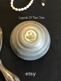 Vintage Powder Box, Wind Up Musical Metal Powder Box Hand Painted Victorian Scene