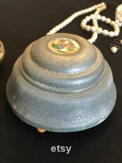 Vintage Powder Box, Wind Up Musical Metal Powder Box Hand Painted Victorian Scene